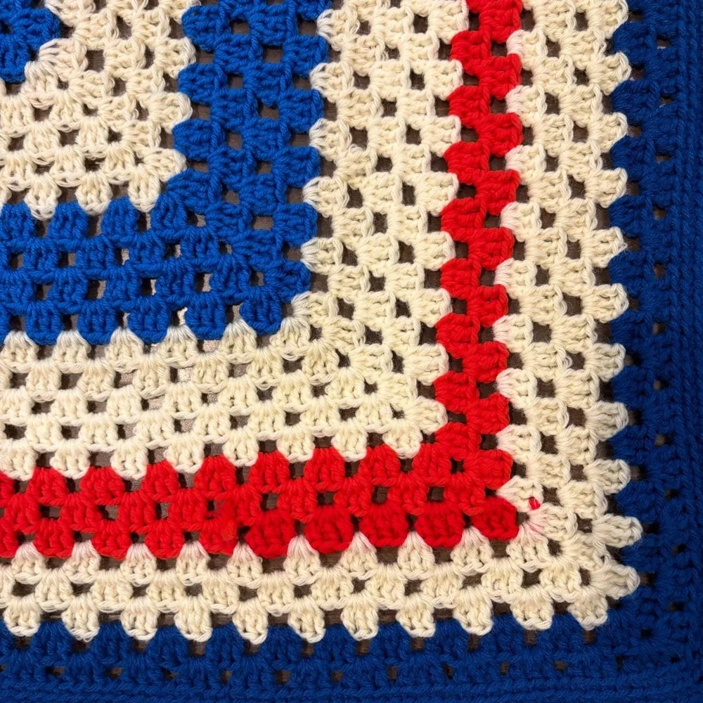 Vtg Patriotic Blanket Handmade Crochet Granny Square 42